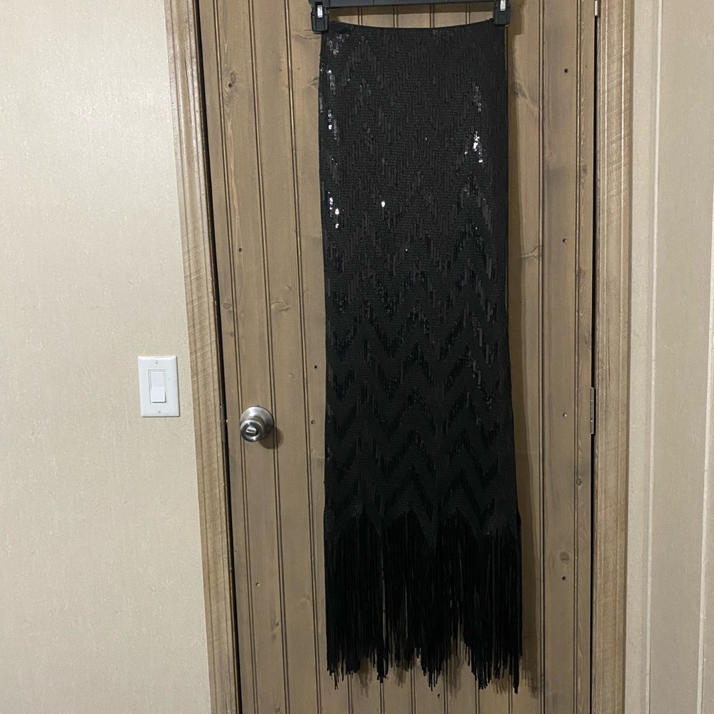 Studio 17 Black Sequin Strapless Formal Prom Cocktail Dress Fringe Hem Size 2
